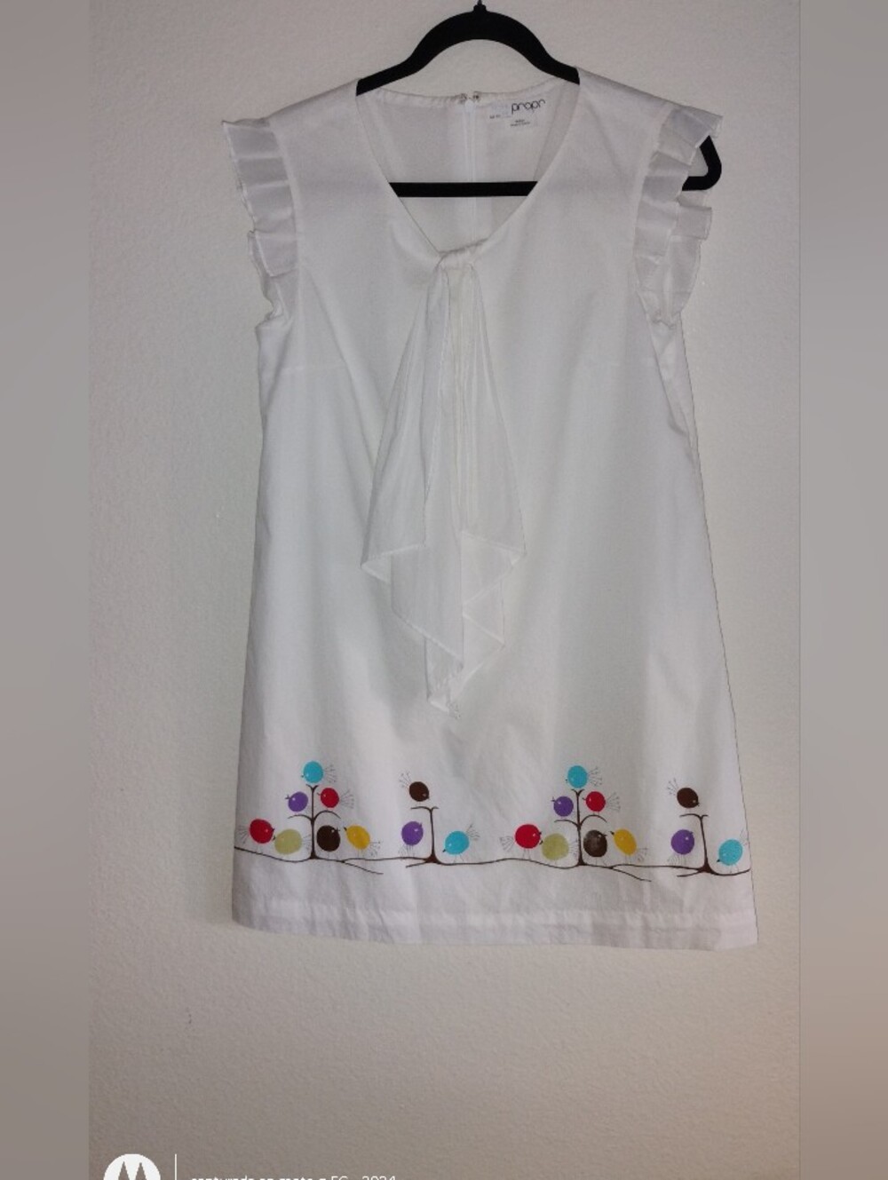 White Mini Dress with Colorful Dot Border and Tie Neck